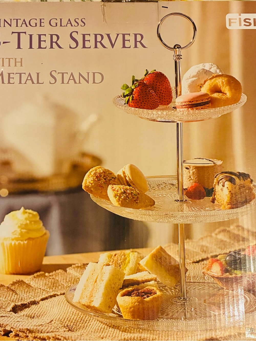 Vintage 3-Tier Round Cake Stand Server Clear Glass Gold Metal Stand